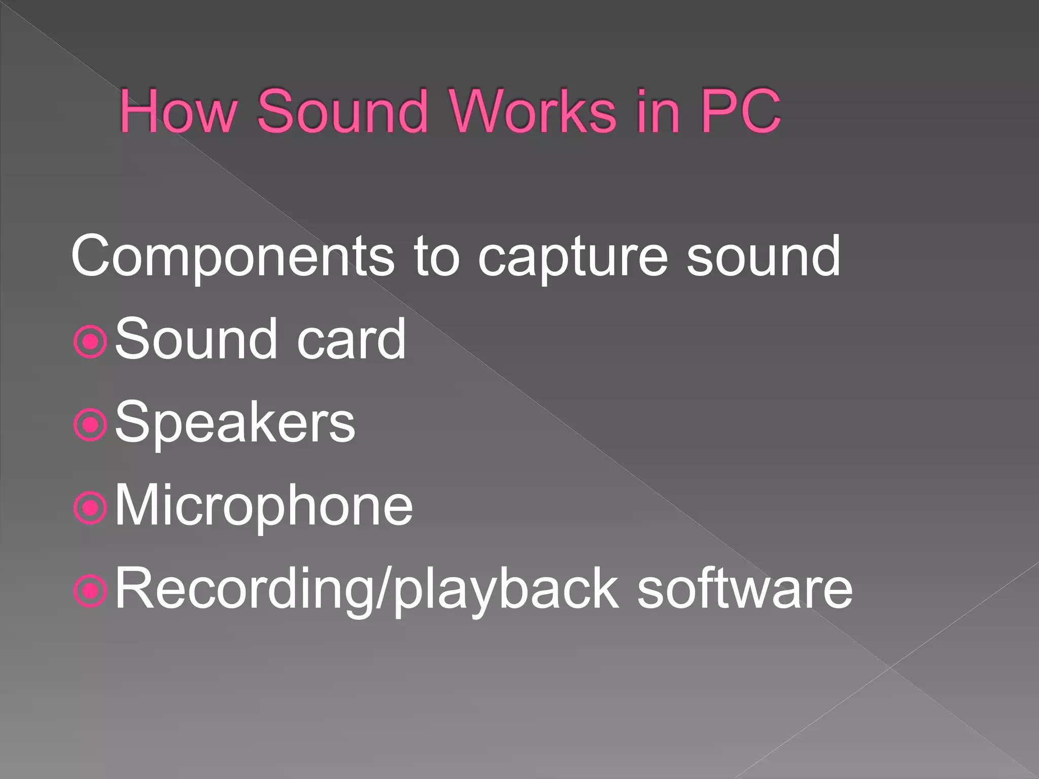 Components to capture sound
Sound card
Speakers
Microphone
Recording/playback software
 