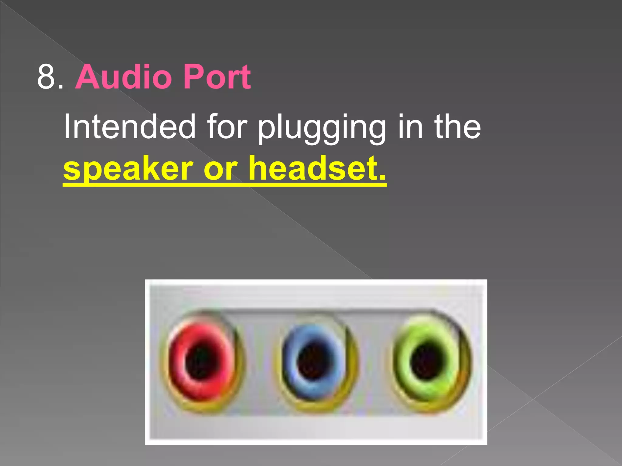 8. Audio Port
Intended for plugging in the
speaker or headset.
 