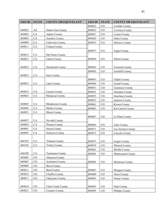 41


GEO ID   STATE   COUNTY OR EQUIVELANT1   GEO ID   STATE   COUNTY OR EQUIVELANT1
                                         089023   CO      Costilla County
049023   AZ      Santa Cruz County       089025   CO      Crowley County
069003   CA      Alpine County           089027   CO      Custer County
069005   CA      Amador County           089029   CO      Delta County
069009   CA      Calaveras County        089033   CO      Dolores County
069011   CA      Colusa County
                                         089037   CO      Eagle County
069015   CA      Del Norte County
069021   CA      Glenn County            089039   CO      Elbert County


069023   CA      Humboldt County         089043   CO      Fremont County
                                         089045   CO      Garfield County
069027   CA      Inyo County
                                         089047   CO      Gilpin County
069033   CA      Lake County             089049   CO      Grand County
                                         089051   CO      Gunnison County
069035   CA      Lassen County           089053   CO      Hinsdale County
069043   CA      Mariposa County         089055   CO      Huerfano County
                                         089057   CO      Jackson County
069045   CA      Mendocino County        089061   CO      Kiowa County
069049   CA      Modoc County            089063   CO      Kit Carson County
069051   CA      Mono County
                                         089067   CO      La Plata County
069057   CA      Nevada County
069063   CA      Plumas County           089065   CO      Lake County
069091   CA      Sierra County           089071   CO      Las Animas County
069093   CA      Siskiyou County         089073   CO      Lincoln County

069103   CA      Tehama County           089075   CO      Logan County
069105   CA      Trinity County          089079   CO      Mineral County
                                         089081   CO      Moffat County
069109   CA      Tuolumne County         089083   CO      Montezuma County
089003   CO      Alamosa County
089007   CO      Archuleta County        089085   CO      Montrose County
089009   CO      Baca County
089011   CO      Bent County             089087   CO      Morgan County
089015   CO      Chaffee County          089089   CO      Otero County
089017   CO      Cheyenne County         089091   CO      Ouray County


089019   CO      Clear Creek County      089093   CO      Park County
089021   CO      Conejos County          089095   CO      Phillips County
 
