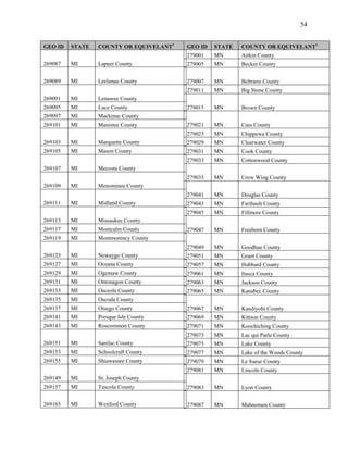 54


GEO ID   STATE   COUNTY OR EQUIVELANT1   GEO ID   STATE   COUNTY OR EQUIVELANT1
                                         279001   MN      Aitkin County
269087   MI      Lapeer County           279005   MN      Becker County


269089   MI      Leelanau County         279007   MN      Beltrami County
                                         279011   MN      Big Stone County
269091   MI      Lenawee County
269095   MI      Luce County             279015   MN      Brown County
269097   MI      Mackinac County
269101   MI      Manistee County         279021   MN      Cass County
                                         279023   MN      Chippewa County
269103   MI      Marquette County        279029   MN      Clearwater County
269105   MI      Mason County            279031   MN      Cook County
                                         279033   MN      Cottonwood County
269107   MI      Mecosta County
                                         279035   MN      Crow Wing County
269109   MI      Menominee County
                                         279041   MN      Douglas County
269111   MI      Midland County          279043   MN      Faribault County
                                         279045   MN      Fillmore County
269113   MI      Missaukee County
269117   MI      Montcalm County         279047   MN      Freeborn County
269119   MI      Montmorency County
                                         279049   MN      Goodhue County
269123   MI      Newaygo County          279051   MN      Grant County
269127   MI      Oceana County           279057   MN      Hubbard County
269129   MI      Ogemaw County           279061   MN      Itasca County
269131   MI      Ontonagon County        279063   MN      Jackson County
269133   MI      Osceola County          279065   MN      Kanabec County
269135   MI      Oscoda County
269137   MI      Otsego County           279067   MN      Kandiyohi County
269141   MI      Presque Isle County     279069   MN      Kittson County
269143   MI      Roscommon County        279071   MN      Koochiching County
                                         279073   MN      Lac qui Parle County
269151   MI      Sanilac County          279075   MN      Lake County
269153   MI      Schoolcraft County      279077   MN      Lake of the Woods County
269155   MI      Shiawassee County       279079   MN      Le Sueur County
                                         279081   MN      Lincoln County
269149   MI      St. Joseph County
269157   MI      Tuscola County          279083   MN      Lyon County

269165   MI      Wexford County          279087   MN      Mahnomen County
 