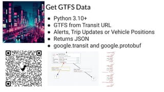 Get GTFS Data
● Python 3.10+
● GTFS from Transit URL
● Alerts, Trip Updates or Vehicle Positions
● Returns JSON
● google.transit and google.protobuf
 