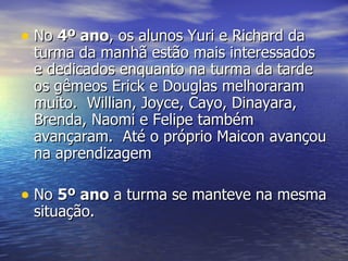 No  4º ano , os alunos Yuri e Richard da turma da manhã estão mais interessados e dedicados enquanto na turma da tarde os gêmeos Erick e Douglas melhoraram muito.  Willian, Joyce, Cayo, Dinayara, Brenda, Naomi e Felipe também avançaram.  Até o próprio Maicon avançou na aprendizagem No  5º ano  a turma se manteve na mesma situação. 