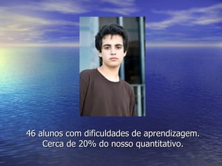 46 alunos com dificuldades de aprendizagem. Cerca de 20% do nosso quantitativo. 