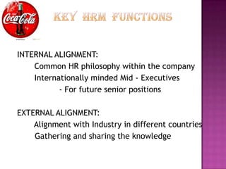 INTERNAL ALIGNMENT:
    Common HR philosophy within the company
    Internationally minded Mid - Executives
           - For future senior positions

EXTERNAL ALIGNMENT:
    Alignment with Industry in different countries
    Gathering and sharing the knowledge
 