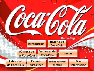 Historia de
               Introducción   Coca-Cola
         Fórmula de    Variantes de
                                         ventas
        la Coca-Cola    Coca-Cola
 Publicidad      Razones      Juntos hacemos       Mas
de Coca-Cola    para creer       la magia      información
 