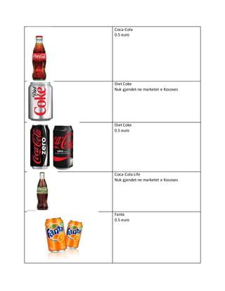 Coca-Cola
0.5 euro
Diet Coke
Nuk gjendet ne marketet e Kosoves
Diet Coke
0.5 euro
Coca-Cola Life
Nuk gjendet ne marketet e Kosoves
Fanta
0.5 euro
 