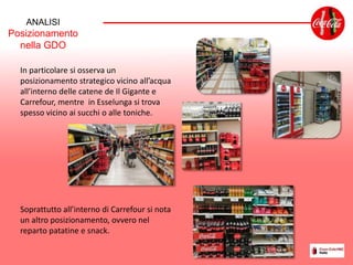ANALISI
Posizionamento
nella GDO
In particolare si osserva un
posizionamento strategico vicino all’acqua
all’interno delle catene de Il Gigante e
Carrefour, mentre in Esselunga si trova
spesso vicino ai succhi o alle toniche.
Soprattutto all’interno di Carrefour si nota
un altro posizionamento, ovvero nel
reparto patatine e snack.
 