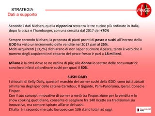 STRATEGIA
Dati a supporto
Secondo i dati Nielsen, quella nipponica resta tra le tre cucine più ordinate in Italia,
dopo la pizza e l’hamburger, con una crescita dal 2017 del +70%
Sempre secondo Nielsen, la proposta di piatti pronti di pesce e sushi all’interno della
GDO ha visto un incremento delle vendite nel 2017 pari al 25%.
Molti acquirenti (13,2%) dichiarano di non saper cucinare il pesce, tanto è vero che il
numero degli acquirenti nel reparto del pesce fresco è pari a 18 milioni.
Milano è la città dove se ne ordina di più; alle donne lo scettro delle consumatrici:
sono loro infatti ad ordinare sushi per quasi il 60%.
SUSHI DAILY
I chioschi di Kelly Daily, questo il marchio dei corner sushi della GDO, sono tutti ubicati
all’interno degli iper delle catene Carrefour, Il Gigante, Pam-Panorama, Iperal, Conad e
Finiper.
Con il suo concept innovativo di corner a metà tra l’esposizione per la vendita e lo
show cooking quotidiano, consente di scegliere fra 140 ricette sia tradizionali sia
innovative, ma sempre ispirate all’arte del sushi.
L’Italia è il secondo mercato Europeo con 136 stand totali ad oggi.
 