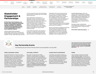 19
The Coca–Cola Company 2020 Business  ESG Report
Stakeholder
Engagement 
Partnerships
At The Coca-Cola Company, we
believe that companies must play
a role in creating the systemic
change necessary to achieve a
more just and equitable society,
a more sustainable economy
and a healthier planet.
We also believe that businesses,
governments, NGOs and civil society can
achieve effective outcomes when working
together through meaningful partnerships
to drive collective action and build shared
opportunities for people and communities
around the world.
Multi-stakeholder collaboration is
especially critical if we intend to make
significant strides toward eliminating
plastic waste, reducing carbon emissions,
ensuring access to clean water and
achieving racial equity. Throughout this
report, we seek to demonstrate our
ambition and leadership in the industry,
using our leverage on the most pressing
global challenges that require broad
collective action.
If the COVID-19 pandemic has taught us
anything, it is that we cannot act alone.
The deep vulnerabilities exposed have
been a moment of convergence that has
highlighted the interconnected nature
of our world. It has demonstrated the
pressing need for systemic change
and created a greater sense of urgency
for businesses to move the needle
on environmental, social and governance
initiatives. The pandemic also further
underscored the intersection of
The Coca-Cola Company’s own
sustainability goals amidst the converging
crises of climate change, social inequality
and economic uncertainty.
We are committed to engaging proactively
with partners and stakeholders in all
of the countries in which we operate.
The insights and feedback of our key
stakeholders inform our sustainability
strategy across our goals. Stakeholder
feedback is also fundamental to our
priorities assessments, which are
used to inform sustainability strategy,
engagement, reporting and disclosure.
When engaging with stakeholders, we
apply the principles of transparency,
inclusiveness, consistency and
accountability to promote positive
impact and create a virtuous cycle of
collaboration.
We take a similar collaborative,
multi-stakeholder approach to our efforts
to promote systemic change through
public policy.
READ MORE: Public Policy feature 
WORLD ECONOMIC FORUM
At the World Economic Forum’s Annual
Meeting in January, our Chairman and CEO
and leaders of our sustainability teams
met with leaders across government,
the private sector and civil society,
speaking on the role that corporations
can play on critical issues ranging from
packaging waste reduction to water
scarcity. Following that, as meetings
moved to a virtual format, we participated
in a range of Forum events including the
Virtual Oceans Dialogue.
HUMAN RIGHTS CONFERENCE
In October, we hosted (virtually) our
12th annual Business  Human Rights
Conference, in partnership with the
U.S. Council for International Business,
the U.S. Chamber of Commerce and
the International Organization of
Employers. Michelle Bachelet, the UN
High Commissioner for Human Rights,
presented the keynote address.
UN GLOBAL COMPACT
Each year, through the UN Global
Compact, we participate in a range of
events surrounding the United Nations
General Assembly, including ESG-focused
panel discussions. This year, it was held
virtually in September, and we were
pleased to join more than 1,200 CEOs from
other companies in over 100 countries
to sign the Statement from Business
Leaders for Renewed Global Cooperation,
supporting the UN mission and inclusive
multilateralism.
CERES
Also in October, Chairman and CEO
James Quincey helped to unveil the
Ceres’ Roadmap 2030, a 10-year action
plan for sustainable business leadership
that aims to stabilize the climate, protect
water and natural resources, and build
a just and inclusive economy. Quincey
called the roadmap “a bold action plan
for companies to grow and strengthen
their businesses while taking on critical
environmental and social issues.”
Learn about some of the other partnerships
we’ve formed or joined to make an impact
on important issues including water, sugar
reduction, waste, climate and sustainable
agriculture. 
Key Partnership Events
The following are just some of the key events we participated in during 2020.
At a
Glance
How We
Operate
Financial
Highlights
Building a Total
Beverage Company
Governance 
Management
Priority
ESG Issues
Our
Company
Chairman
 CEO
Message
Our
Priorities 
Progress
Our Response
to COVID-19
Contents Our Portfolio/
Reducing
Added Sugar
Water
Leadership
World
Without
Waste
Climate Sustainable
Agriculture
People 
Communities
Operations
Highlights
Data
Appendix
Reporting
Frameworks
 SDGs
Stakeholder Engagement
 Partnerships
Our
Company
 