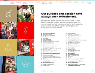 2
The Coca–Cola Company 2020 Business & ESG Report
Our purpose and passion have
always been refreshment.
Being there when people enjoy and share in life’s
best moments. And as we and the world look to
renew ourselves, we must continue to work together
and strive to make the world a better place for
every person, everywhere.
3	 Chairman & CEO Message
5	 Board of Directors
6	 Our Response to COVID-19
8	 Our Priorities & Progress
12	 At a Glance
13	 How We Operate
14	 Financial Highlights
15	 Building a Total Beverage Company
16	
Innovating to Become a
Total Beverage Company
17	 Governance  Management
18	
Priority Environmental, Social 
Governance (ESG) Issues
19	 Stakeholder Engagement  Partnerships
20	 Water Leadership
25	
RAIN: A Decade of Clean Water
Projects Across Africa
26	 Our Portfolio/Reducing Added Sugar
30	
World Without Waste
34	
Addressing Climate Change and the
Circular Economy Through Public Policy
35	Climate
39 	
Supplier Engagements Advance
Climate Action
40	 Sustainable Agriculture
44	 People  Communities
45	 Human Rights
46	Enabling Women:
A Decade of Achievement
48	Supporting Micro-Businesses
in the Philippines
49	 Employee Safety  Health
50	 Diversity, Equity  Inclusion
52	
Promoting Racial Equity at Our Company
and in Our Communities
53	
Giving Back to Communities
54	 Operations Highlights
55	 Asia Pacific
56	 Europe, Middle East  Africa
57	 Latin America
58	 North America	
59	Global Ventures/
Bottling Investments Group
60	 About This Report
61	 Data Appendix
62	
Financial  Portfolio Data
68	 2020 Sustainability Goals
70	Packaging
71	Water
72	 Greenhouse Gas Emissions  Waste
73	 Workplace, Safety  Giving Back
75	
Human Rights, 5by20  Agriculture
76	 Assurance Statements
81	
Reporting Frameworks  Sustainable
Development Goals (SDGs)
Our
Company
Chairman
 CEO
Message
Our
Priorities 
Progress
Our Response
to COVID-19
Our Portfolio/
Reducing
Added Sugar
Water
Leadership
World
Without
Waste
Climate Sustainable
Agriculture
People 
Communities
Operations
Highlights
Data
Appendix
Reporting
Frameworks
 SDGs
Contents
 