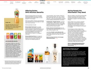 29
The Coca–Cola Company 2020 Business  ESG Report
FUZE TEA
Fuze Tea with zero sugar is a
raspberry and mint flavored
beverage with concentrated black
tea infusion and mint extract
with sweeteners.
1	
Calorie information (expressed as calories, kilocalories, or
kilojoules) is provided on the front of our packages, with
the exception of returnable or refillable proprietary and
multipurpose bottles (glass and plastic) with permanent
printed labels; and unflavored and unsweetened still or
sparkling bottled water, including mineral water.
RESPONSIBLE MARKETING FOR
NON-ALCOHOLIC BEVERAGES
We do not target our advertising to children under
age 12, anywhere in the world. Our policy applies
to all our products, regardless of nutritional profile,
as we honor the rights of parents and caregivers to
make choices for their children.
Our policy responds to changing societal concerns
and we partner with industry to scale collective
action, including in responsible marketing pledge
programs of the International Food  Beverage
Alliance (IFBA) at the global level, the EU Pledge
in the European Union and The Children’s Food
and Beverage Advertising Initiative (CFBAI) in the
United States.
AHA SPARKLING WATER
Launched in 2020, our new line
of sparkling water comes in eight
flavors with no sweeteners, no
calories and no sodium. Some of
them include a spark of caffeine.
The brand also unveiled two new
flavors in early 2021: Raspberry +
Acai and Mango + Black Tea. In the
fast-growing flavored unsweetened
sparkling water category in North
America, AHA showed strong
results in its first year, carving out
a market share of about 8% and
outperforming competitors.
Our
Company
Chairman
 CEO
Message
Our
Priorities 
Progress
Our Response
to COVID-19
Contents Water
Leadership
World
Without
Waste
Climate Sustainable
Agriculture
People 
Communities
Operations
Highlights
Data
Appendix
Reporting
Frameworks
 SDGs
Our Portfolio/
Reducing
Added Sugar
We are bringing drinks such as plant-
based beverages and juices, fortified
beverages and purified water to more
people in more places.
We’re also adding vitamins and essential
micronutrients to our beverages to make
them more nutritious.
Some examples include:

Minute Maid Vita Punch is a range
of juice drinks containing a blend of
apple, pineapple, mango and guava juice.
The drinks also contain micronutrients,
including magnesium and potassium,
and provide 100% of one’s daily
requirement of vitamin C to support
immunity.
Minute Maid Nutriforce is a ready-to-
serve juice drink containing delicious
blends of home grown fruits from
India with the added benefits of
micronutrients. They contain a blend of
seven micronutrients—iron, zinc, vitamin
B2, vitamin B12, folic acid, vitamin A and
vitamin C, which are all essential nutrients
for the healthy development of children.

POWERADE® POWER WATER, available
in three flavors, offers a zero-sugar way
to power through a workout. It is packed
with B vitamins and our unique ION4
Advanced Electrolyte System.
Simply Almond Unsweetened has just
four simple, all-natural ingredients, and is
dairy free and gluten free.
Launched fairlife® ultra-filtered milk
in Canada, made with 100% local Canadian
milk in partnership with Dairy Farmers
of Ontario.
Read more about fairlife in their Annual
Stewardship Report. 
Giving People the
Information They Need
We are a leader in the food and beverage
industry by putting clear, easy-to-find
nutrition information on the front of our
packages to support informed consumer
choice.
Nearly 100% of our products globally,
except water, provide front of pack
energy/calorie information.1
We’re also
making our online product nutrition
information more transparent and easier
to navigate.
Front-of-pack nutrition labels have
been identified as being able to help
improve the dietary habits of populations
and aid in the prevention of obesity
and non-communicable diseases.
They can help consumers interpret
the nutritional quality of products
by providing simplified nutritional
information. There are several labeling
schemes being used globally, and we will
ensure ongoing compliance or voluntarily
implement labeling schemes that help
consumers make informed choices.
Read our Responsible Marketing Policy
and our new Global Policy On Alcohol
Responsibility. 
Offering Drinks
With Nutrition Benefits
 