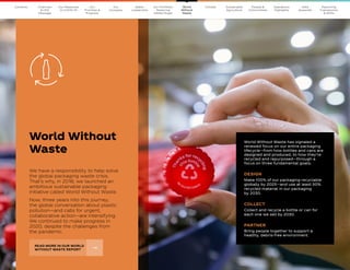 30
The Coca–Cola Company 2020 Business  ESG Report 30
The Coca–Cola Company 2020 Business  ESG Report
World Without Waste has signaled a
renewed focus on our entire packaging
lifecycle—from how bottles and cans are
designed and produced, to how they’re
recycled and repurposed—through a
focus on three fundamental goals:
DESIGN
Make 100% of our packaging recyclable
globally by 2025—and use at least 50%
recycled material in our packaging
by 2030.
COLLECT
Collect and recycle a bottle or can for
each one we sell by 2030.
PARTNER
Bring people together to support a
healthy, debris-free environment.
World Without
Waste
We have a responsibility to help solve
the global packaging waste crisis.
That’s why, in 2018, we launched an
ambitious sustainable packaging
initiative called World Without Waste.
Now, three years into this journey,
the global conversation about plastic
pollution—and calls for urgent,
collaborative action—are intensifying.
We continued to make progress in
2020, despite the challenges from
the pandemic.
READ MORE IN OUR WORLD
WITHOUT WASTE REPORT  
Our
Company
Chairman
 CEO
Message
Our
Priorities 
Progress
Our Response
to COVID-19
Contents Our Portfolio/
Reducing
Added Sugar
Water
Leadership
Climate Sustainable
Agriculture
People 
Communities
Operations
Highlights
Data
Appendix
Reporting
Frameworks
 SDGs
World
Without
Waste
 