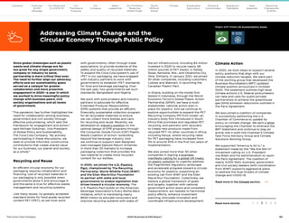34
The Coca–Cola Company 2020 Business  ESG Report
Since global challenges such as plastic
waste and climate change are far
too great for any single government,
company or industry to solve,
partnership is more critical than ever.
The need to further align our advocacy
efforts and our sustainability goals
served as a catalyst for greater
collaboration and more proactive
engagement in 2020—a year in which
we worked to drive meaningful policy
change with business peers, civil
society organizations and all levels
of government.
“The pandemic has further highlighted the
need for collaboration among business,
government and civil society through
effective policymaking, which sets the
framework for engagement and action,”
said Michael Goltzman, Vice President
of Global Policy and Sustainability,
The Coca-Cola Company. “By actively
participating in these discussions, we
seek to provide informed, constructive
contributions that create shared value
for our business, our planet and society
as a whole.”
Recycling and Reuse
An efficient circular economy for our
packaging requires collaboration and
financing. Use of recycled materials in
our packaging is only possible when
governments allow it and encourage it,
and the same is true for effective waste
management and recycling systems.
Like many issues, no globally accepted
standard exists for food-grade recycled
content PET (rPET), so we must work
with governments, often through trade
associations, to provide evidence of the
safety and quality of recycled materials.
To expand the Coca-Cola system’s use of
rPET in our packaging, we have engaged
with industry partners to work with
governments to establish rPET standards
for food and beverage packaging. Over
the last year, two governments set such
standards: Bangladesh and Nigeria.
We work with policymakers and industry
partners to advocate for effective
Extended Producer Responsibility
(EPR) systems that provide an efficient,
financially sustainable collection program
for all recyclable materials to ensure
we can collect more bottles and cans
for recycling and reuse. Recently, we
developed an industry position on the
optimal design of EPR programs through
the Consumer Goods Forum (CGF) Plastic
Waste Coalition of Action—extending
beyond the beverage industry. And
we continue to support well-designed,
well-managed Deposit Return Schemes
in more than 35 markets to increase
packaging collection that provides the
raw material to create more recycled
content for our bottles.
In 2020, we joined the U.S. Plastics
Pact, championed by The Recycling
Partnership, World Wildlife Fund (WWF)
and the Ellen MacArthur Foundation
to partner with state and local
governments to enable legislation that
drives toward a circular economy. The
U.S. Plastics Pact builds on the American
Beverage Association’s Every Bottle Back
initiative, which is marshaling nearly
$500 million to educate consumers and
improve recycling systems with state-of-
the-art infrastructure, including $4 million
invested in 2020 to recycle nearly 38
million pounds of PET plastic in Dallas,
Texas; Kenosha, Wis.; and Oklahoma City,
Okla. Similarly, in January 2021, we joined
30 other companies, including customers
Loblaw and Walmart, in launching the
Canadian Plastic Pact.
In Ghana, building on the model first
tested in Indonesia, through the World
Economic Forum’s Global Plastic Action
Partnership (GPAP), we have a multi-
stakeholder, national action plan in
place for plastics. And we continue to
explore opportunities to expand the PET
Recycling Company (PETCO) model—an
industry body first introduced in South
Africa that promotes and regulates PET
recycling, and partners with recyclers
to create new products made from
recycled PET—to other countries in Africa,
including Kenya, where recycling rates
for PET packaging have increased from
5% to around 40% in the first two years of
implementation.
We also joined more than 30 other
companies in signing a business
manifesto calling for a global UN treaty
on plastic pollution to urgently address
the fragmented regulatory landscape
and accelerate progress toward a circular
economy for plastics, supporting an
existing call from WWF and the Ellen
MacArthur Foundation. Collectively, we
believe a global framework of goals
and targets, together with national
government action plans and consistent
measurement, are needed to harmonize
policy efforts, enhance investment
planning, stimulate innovation and
coordinate infrastructure development.
Climate Action
In 2020, we took steps to support several
policy positions that align with our
climate reduction targets. We were part
of the working group that developed the
Business Roundtable’s (BRT) updated
climate position announced in October
2020. The statement outlines high-level
climate actions U.S. federal policymakers
can take and calls for public/private
partnerships to achieve the greenhouse
gas (GHG) emission reductions outlined in
the Paris Agreement.
We also joined a coalition of companies
in successfully petitioning the U.S.
Chamber of Commerce to update its
policy on climate change. We sent a letter
encouraging the Chamber to embrace the
BRT statement and continue to play an
active role in both the Chamber’s Climate
Task Force Advisory Group and Climate
Solutions Working Group.
We supported “America Is All In,” a
statement made by the “We Are Still In”
movement calling on U.S. President
Joe Biden and his administration to rejoin
the Paris Agreement. The coalition of
nearly 4,000 NGO, business, government
and civil society leaders (with coordination
from WWF) supports aggressive plans
to address the dual threats of climate
change and COVID-19.
Read more in the Climate section.  
Addressing Climate Change and the
Circular Economy Through Public Policy
Aligns with these UN Sustainability Goals
Read more stories 1 2 3 4 5 6
Our
Company
Chairman
 CEO
Message
Our
Priorities 
Progress
Our Response
to COVID-19
Contents Our Portfolio/
Reducing
Added Sugar
Water
Leadership
World
Without
Waste
Climate Sustainable
Agriculture
People 
Communities
Operations
Highlights
Data
Appendix
Reporting
Frameworks
 SDGs
 