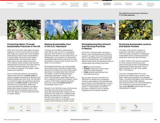 43
The Coca–Cola Company 2020 Business  ESG Report
FOCUS
AREA
FOCUS
AREAS
FOCUS
AREA
FOCUS
AREAS
Our
Company
Chairman
 CEO
Message
Our
Priorities 
Progress
Our Response
to COVID-19
Contents Our Portfolio/
Reducing
Added Sugar
Water
Leadership
World
Without
Waste
Climate Sustainable
Agriculture
People 
Communities
Operations
Highlights
Data
Appendix
Reporting
Frameworks
 SDGs
Raising Sustainable Corn
in the U.S. Heartland
Through an innovative collaboration
with Tate  Lyle, one of our ingredient
partners, and Truterra, a conservation
solutions provider, we are supporting U.S.
Midwestern corn growers to implement
sustainable agriculture practices on land
equivalent to acres used to grow the corn
used in our products.
Participating farmers use cutting-edge
technology and a network of agronomy
advisors to embed up to 26 conservation
practices, including ones that improve
soil health, protect biodiversity and
potentially sequester carbon. The
Coca-Cola Company was Tate  Lyle’s
first customer to pilot the program, which
is part of the Field to Market program
and now covers 1.5 million acres of
sustainably grown corn.
Results from 148,000 acres continuously
enrolled since the start of the pilot
have demonstrated the impacts of the
program: 10% reduction in greenhouse
gases; 6% reduction in topsoil erosion;
and 4% improvement in the soil
conditioning index, an indicator of soil
quality and its ability to retain carbon.
Strengthening Recruitment
and Farming Practices
in Mexico
Since 2017, we have been working in
Mexico with Solidaridad and others to
support 16 sugar mills and mill-owned
farms, training farmers on sustainable
agricultural practices, with a focus on
women and youth, and advising mills on
responsible recruitment practices.
•	 600+ farmers trained
•	13,000+ hectares of land under
agronomy best practice
•	1,700 workers benefitting from
improved practices
We are also founding members of
ASACAM, an alliance of companies,
industry associations and the Mexican
government, working together to drive
improvements across the sugar cane
sector in responsible recruitment
and farm resilience, and to reduce
negative environmental impacts.
See additional performance indicators
in the Data Appendix. 
Protecting Water Through
Sustainable Practices in the UK
WWF and Coca-Cola have been working
together in the UK since 2012 to protect
and replenish unique rivers and streams
while aiding supply chain sustainability
in East Anglia, one of the most water-
stressed areas of Great Britain and a
major area of sugar beet production.
The initiative has provided local farmers
tailored advice to enrich soils and reduce
runoff and nutrient leaching, which in
turn helps to improve river health, water
quality and habitats.
Over a three-year period, the program
replenished around 1.2 billion liters of
water, engaged thousands of farmers and
directly supported more than 100 farmers
to introduce more soil-sensitive practices,
resulting in 4,000+ acres of land being
farmed more sustainably. WWF and
Coca-Cola have also piloted innovative
watershed-scale programs with other
food and drink businesses that source
from the region to drive collective action
on water issues.
Nurturing Sustainable Lemons
and Native Forests
Citromax, a key lemon supplier in
Argentina, has been working with
The Coca-Cola Company to implement
sustainable lemon growing practices
while also restoring native forests.
In 2020, 100% of the lemons supplied
to Coca-Cola by Citromax groves
were produced at Farm Sustainability
Assessment (FSA) Gold level. This is
demonstrated through their Global
GAP + FSA add-on.
Citromax manages 59% of its own
property as native forest, where it has
been restoring populations of valuable
trees, including mahogany, that have been
removed through illegal logging.
The remaining 41% is in citrus plantations.
The company’s commercial nursery
has raised 50,000 native trees for local
reforestation to date.
WATER
SOIL DEFORESTATION
HUMAN RIGHTS
WATER CLIMATE
SOIL
Sustainable
Agriculture
 