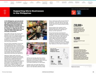 48
The Coca–Cola Company 2020 Business  ESG Report
In the Philippines, sari-sari stores
are a ubiquitous element of local
life—part convenience store, part
gathering place and integral to
the archipelago’s economy and
culture. “Sari-sari” means “variety”
or “sundry” in Tagalog, and the
tiny one-stop-shops stock a broad
range of foods, beverages and
everyday necessities.
About 86% of the sari-sari owners and
operators are women. Over the last
decade, as part of our 5by20 commitment,
The Coca-Cola Company has invested
in targeted economic empowerment
programs to support these female
entrepreneurs, building their business
skills and financial acumen.
But the COVID-19 pandemic hit sari-sari
owners especially hard. According to
the Philippine Association of Stores and
Carinderia Owners, 42% of sari-sari stores
and 75% of carinderias—small food stalls—
were forced to close in the early months
of 2020. Many of those that managed
to stay open had trouble keeping
their shelves stocked, forcing them to
significantly downsize their operations.
Seeing an urgent need, Coca-Cola
Philippines partnered with government
agencies and two leading micro-finance
institutions to create the Rebuilding
Sari-Sari Stores Through Access to
Resources and Trade (ReSTART) initiative.
The program allocated approximately
$3.2 million in loan packages to some
15,000 micro-retailers so they could
reopen safely. The loan packages include
30% goods and products, and 70% cash,
with low service fee rates from 0.0% to
less than 1%. ReSTART also distributed
“safe store” kits of plastic covers, personal
protective equipment and safety
information guidelines for retail shops.
Corazon, who runs a sari-sari store in
Manila, received a loan to help her get
back on her feet after suffering a large
drop in sales and profits during COVID-19
lockdowns. “With the help of Coca-Cola,
we are now doing OK, and we were able
to get back to our usual business profits,”
she said.
Annie, another loan recipient with a
Manila-based shop, said support from
ReSTART allowed her to get back to
“almost normal” operations.
“Coca-Cola has long recognized the
significant role that micro-retailers play
in helping sustain the Philippine economy
and our own business,” said Jonah De
Lumen-Pernia, Coca-Cola Philippines
Public Affairs and Communications
Director. “The COVID-19 crisis did not
change our commitment and in fact
pushed us to go even further, ramping up
our support to help their recovery. Indeed,
their resilience is the nation’s resilience.”
48
The Coca–Cola Company 2020 Business  ESG Report
230,000+
women enabled in the
Philippines since 2011
through our 5by20 STAR
Program (Sari-Sari Store
Training and Access to
Resources)
15,000
women enabled through
ReSTART
AWARDS
Coca-Cola Philippines was
honored with two UN Women
2020 Asia-Pacific Women’s
Empowerment Principles Awards
for Gender-Responsive Workplace
and Community  Industry
Engagement Categories. The
awards recognize exemplary
business practices that promote
gender equality aligned with UN
Sustainable Development Goals
Over the last
decade, our 5by20
program in the
Philippines reached:
17
Regions
81
Provinces
778
Cities and
municipalities
530
Trainers
accredited
Annie
Corazon
Aligns with these UN Sustainability Goals
Supporting Micro-Businesses
in the Philippines
Read more stories 1 2 3 4 5 6
Our
Company
Chairman
 CEO
Message
Our
Priorities 
Progress
Our Response
to COVID-19
Contents Our Portfolio/
Reducing
Added Sugar
Water
Leadership
World
Without
Waste
Climate Sustainable
Agriculture
People 
Communities
Operations
Highlights
Data
Appendix
Reporting
Frameworks
 SDGs
 