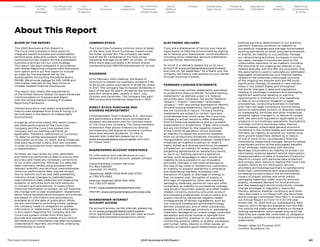 60
The Coca–Cola Company 2020 Business  ESG Report
About This Report
SCOPE OF THE REPORT
This 2020 Business  ESG Report is
The Coca-Cola Company’s third report to
integrate overall business and sustainability
performance, data and context, reflecting our
continued journey toward driving sustainable
business practices into our core strategy.
This report has been prepared in accordance
with Global Reporting Initiative (GRI) Standards:
core option and is our first report to include
an index for the standards set by the
Sustainability Accounting Standards Board
(SASB). We provide indices for GRI, SASB and
information relevant to the Task Force on
Climate-related Financial Disclosures.
This report also meets the requirements
of the United Nations Global Compact Advanced
Communication on Progress and aligns
with the United Nations Guiding Principles
Reporting Framework.
Limited assurance over select sustainability
metrics was obtained from Ernst  Young LLP
(as indicated in the Report of Independent
Accountants).
Except as otherwise noted, this report covers
the 2020 performance of The Coca-Cola
Company and the Coca-Cola system (our
company and our bottling partners), as
applicable. Therefore, references to “currently,”
“to date” or similar expressions reflect
information as of Dec. 31, 2020. Some initiatives
that were launched in early 2021 are included
in order to provide the most relevant information
to stakeholders.
At times, we may revisit our prior estimates
and historical performance data to ensure their
accuracy and make any necessary corrections
to our public reporting. Although our data has
been internally vetted using accepted and
relevant scientific and technical methodologies,
historical performance data may be revised
due to reasons such as new data availability;
industry-driven changes to methodologies;
improvement in data collection and measuring
systems; or activities such as joint ventures
or mergers and acquisitions. In cases where
historical information is revised, we will footnote
the change with a clear explanation. Statements
about future developments and past occurrences
are based on information and assumptions
available as of the date of publication. While
we are committed to providing timely updates,
the company holds no obligation to update
information or statements. Certain information
in this report regarding the company and the
Coca-Cola system comes from third-party
sources and operations outside of our control.
We believe such information has been accurately
collected and reported, and that the underlying
methodology is sound.
COMMON STOCK
The Coca-Cola Company common stock is listed
on the New York Stock Exchange, traded under
the ticker symbol KO. The company has been
one of the 30 companies in the Dow Jones
Industrial Average since 1987. As of Dec. 31, 2020,
there were approximately 4.30 billion shares
outstanding and 198,019 shareowners of record.
DIVIDENDS
At its February 2021 meeting, the Board of
Directors increased our quarterly dividend 2.4%
to $0.42 per share, equivalent to $1.68 per share
in 2021. The company has increased dividends in
each of the last 59 years. Dividends are normally
paid four times a year, usually in April, July,
October and December. The company has paid
399 consecutive dividends, beginning in 1920.
DIRECT STOCK PURCHASE AND
DIVIDEND REINVESTMENT
Computershare Trust Company, N.A., sponsors
and administers a direct stock purchase and
dividend reinvestment plan for common stock
of The Coca-Cola Company. The Computershare
Investment Plan allows investors to directly
purchase and sell shares of company common
stock and reinvest dividends. To view or
request plan materials please log on to
www.computershare.com/investor and click
on “invest now”.
SHAREOWNER ACCOUNT ASSISTANCE
For information and maintenance on your
shareowner of record account, please contact:
Computershare Investor Services
P.O. Box 505005
Louisville, KY 40233
Telephone: (888) COKE-SHR (265-3747)
or (781) 575-2653
Hearing Impaired: (800) 490-1493
Fax: (781) 575-3605
Email: coca-cola@computershare.com
Internet: www.computershare.com/coca-cola
SHAREOWNER INTERNET
ACCOUNT ACCESS
For account access via the internet, please log
on to www.computershare.com/investor.
Once registered, shareowners can view account
history and complete transactions online.
ELECTRONIC DELIVERY
If you are a shareowner of record, you have an
opportunity to help the environment by signing
up to receive your shareowner communications,
including proxy materials, account statements
and tax forms, electronically.
To enroll in e-delivery, please log on to your
account at www.computershare.com/investor
and click on “go paperless.” As a thank you, the
company will have a tree planted on your behalf
through American Forests.
FORWARD-LOOKING STATEMENTS
This report may contain statements, estimates
or projections that constitute “forward-looking
statements” as defined under U.S. federal
securities laws. Generally, the words “believe,”
“expect,” “intend,” “estimate,” “anticipate,”
“project,” “will” and similar expressions identify
forward-looking statements, which generally
are not historical in nature. Forward-looking
statements are subject to certain risks and
uncertainties that could cause The Coca-Cola
Company’s actual results to differ materially
from its historical experience and our present
expectations or projections. These risks include,
but are not limited to, the negative impacts
of the COVID-19 pandemic on our business;
an inability to realize the economic benefits
from our productivity initiatives, including our
reorganization and related strategic realignment
initiatives; an inability to attract or retain a
highly skilled and diverse workforce; increased
competition; an inability to renew collective
bargaining agreements on satisfactory terms,
or we or our bottling partners experience
strikes, work stoppages or labor unrest; an
inability to be successful in our innovation
activities; changes in the retail landscape or
the loss of key retail or foodservice customers;
an inability to expand operations in emerging
and developing markets; increased cost,
disruption of supply or shortage of energy or
fuel; increased cost, disruption of supply or
shortage of ingredients, other raw materials,
packaging materials, aluminum cans and other
containers; an inability to successfully manage
new product launches; obesity and other health-
related concerns; evolving consumer product
and shopping preferences; product safety and
quality concerns; perceived negative health
consequences of certain ingredients, such as
non-nutritive sweeteners and biotechnology-
derived substances, and of other substances
present in our beverage products or packaging
materials; damage to our brand image, corporate
reputation and social license to operate from
negative publicity, whether or not warranted,
concerning product safety or quality, workplace
and human rights, obesity or other issues; an
inability to maintain good relationships with our
bottling partners; deterioration in our bottling
partners’ financial condition; an inability to
successfully integrate and manage consolidated
bottling operations or other acquired businesses
or brands; an inability to successfully manage
our refranchising activities; increases in income
tax rates, changes in income tax laws or the
unfavorable resolution of tax matters, including
the outcome of our ongoing tax dispute or any
related disputes with the IRS; the possibility that
the assumptions used to calculate our estimated
aggregate incremental tax and interest liability
related to the potential unfavorable outcome
of the ongoing tax dispute with the IRS could
significantly change; increased or new indirect
taxes in the United States and throughout
the world; changes in laws and regulations
relating to beverage containers and packaging;
significant additional labeling or warning
requirements or limitations on the marketing
or sale of our products; litigation or legal
proceedings; conducting business in markets
with high-risk legal compliance environments;
failure to adequately protect, or disputes relating
to, trademarks, formulae and other intellectual
property rights; changes in, or failure to comply
with, the laws and regulations applicable to our
products or our business operations; fluctuations
in foreign currency exchange rates; interest
rate increases; unfavorable general economic
conditions in the United States and international
markets; an inability to achieve our overall long-
term growth objectives; default by or failure
of one or more of our counterparty financial
institutions; impairment charges; failure to realize
a significant portion of the anticipated benefits
of our strategic relationship with Monster
Beverage Corporation; an inability to protect our
information systems against service interruption,
misappropriation of data or breaches of security;
failure to comply with personal data protection
and privacy laws; failure to digitize the Coca-Cola
system; failure by our third-party service
providers and business partners to satisfactorily
fulfill their commitments and responsibilities;
increasing concerns about the environmental
impact of plastic bottles and other plastic
packaging materials; water scarcity and poor
quality; increased demand for food products
and decreased agricultural productivity; climate
change and legal or regulatory responses
thereto; adverse weather conditions; and other
risks discussed in our filings with the Securities
and Exchange Commission (the “SEC”), including
our Annual Report on Form 10-K for the year
ended Dec. 31, 2020 and our subsequently filed
reports, which filings are available from the SEC.
You should not place undue reliance on forward-
looking statements, which speak only as of the
date they are made. We undertake no obligation
to publicly update or revise any forward-looking
statements.
Design: Ideas On Purpose, NYC.
Content: BuzzWord, Inc.
Our
Company
Chairman
 CEO
Message
Our
Priorities 
Progress
Our Response
to COVID-19
Contents Our Portfolio/
Reducing
Added Sugar
Water
Leadership
World
Without
Waste
Climate Sustainable
Agriculture
People 
Communities
Operations
Highlights
Data
Appendix
Reporting
Frameworks
 SDGs
 