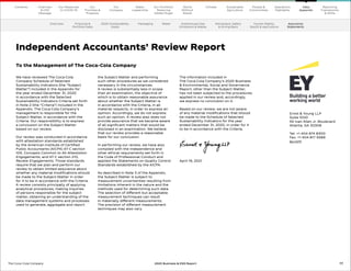 77
The Coca–Cola Company 2020 Business  ESG Report
Independent Accountants’ Review Report
To the Management of The Coca-Cola Company
We have reviewed The Coca-Cola
Company Schedule of Selected
Sustainability Indicators (the “Subject
Matter”) included in the Appendix for
the year ended December 31, 2020
in accordance with the Selected
Sustainability Indicators Criteria set forth
in Note 2 (the “Criteria”) included in the
Appendix. The Coca-Cola Company’s
management is responsible for the
Subject Matter, in accordance with the
Criteria. Our responsibility is to express
a conclusion on the Subject Matter
based on our review.
Our review was conducted in accordance
with attestation standards established
by the American Institute of Certified
Public Accountants (AICPA) AT-C section
105, Concepts Common to All Attestation
Engagements, and AT-C section 210,
Review Engagements. Those standards
require that we plan and perform our
review to obtain limited assurance about
whether any material modifications should
be made to the Subject Matter in order
for it to be in accordance with the Criteria.
A review consists principally of applying
analytical procedures, making inquiries
of persons responsible for the subject
matter, obtaining an understanding of the
data management systems and processes
used to generate, aggregate and report
the Subject Matter and performing
such other procedures as we considered
necessary in the circumstances.
A review is substantially less in scope
than an examination, the objective of
which is to obtain reasonable assurance
about whether the Subject Matter is
in accordance with the Criteria, in all
material respects, in order to express an
opinion. Accordingly, we do not express
such an opinion. A review also does not
provide assurance that we became aware
of all significant matters that would be
disclosed in an examination. We believe
that our review provides a reasonable
basis for our conclusion.
In performing our review, we have also
complied with the independence and
other ethical requirements set forth in
the Code of Professional Conduct and
applied the Statements on Quality Control
Standards established by the AICPA.
As described in Note 3 of the Appendix,
the Subject Matter is subject to
measurement uncertainties resulting from
limitations inherent in the nature and the
methods used for determining such data.
The selection of different but acceptable
measurement techniques can result
in materially different measurements.
The precision of different measurement
techniques may also vary.
The information included in
The Coca-Cola Company’s 2020 Business
 Environmental, Social and Governance
Report, other than the Subject Matter,
has not been subjected to the procedures
applied in our review and, accordingly,
we express no conclusion on it.
Based on our review, we are not aware
of any material modifications that should
be made to the Schedule of Selected
Sustainability Indicators for the year
ended December 31, 2020, in order for it
to be in accordance with the Criteria.
April 19, 2021
Overview Financial 
Portfolio Data
2020 Sustainability
Goals
Packaging Water Greenhouse Gas
Emissions  Waste
Workplace, Safety
 Giving Back
Human Rights,
5by20  Agriculture
Our
Company
Chairman
 CEO
Message
Our
Priorities 
Progress
Our Response
to COVID-19
Contents Our Portfolio/
Reducing
Added Sugar
Water
Leadership
World
Without
Waste
Climate Sustainable
Agriculture
People 
Communities
Operations
Highlights
Reporting
Frameworks
 SDGs
Data
Appendix
Assurance
Statements
Ernst  Young LLP
Suite 1000
55 Ivan Allen Jr. Boulevard
Atlanta, GA 30308
Tel: +1 404 874 8300
Fax: +1 404 817 5589
ey.com
 