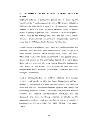 5.2 INFORMATION ON THE TOXICITY OF HEAVY METALS IN
PLANTS
Cadmium acts as a cumulative poison and is listed by the
Environmental Protection Agency as one of 129 priority pollutants.
Cadmium is also listed among the 25 hazardous substances
thought to pose the most significant potential threat to human
health at priority superfund sites. Cadmium is taken up by plants,
and is toxic to the kidneys and liver and can cause cancer.
(Source:   Environmental     contaminants       encyclopedia   cadmium
entry July 1,1997 Roy J. Irwin, National Park Service)


Lead in plants is absorbed through roots and builds up in both leaf
and root tissue. It causes lower concentration of chlorophyll. As a
result biomass declines, which includes roots, shoots, and fruits.
When lead reaches the acidic environment of the gizzard (ducks,
geese and swans) or the ventriculus (loons), it is worn down,
dissolved, and absorbed into body tissues. Once the lead reaches
toxic levels in the tissues, muscle paralysis and associated
complications result in death. (Department of Natural Resources,
Michigan Government)


Lead is particularly bad for children, affecting their nervous
system. Lead interferes with the haem biosynthetic pathway,
producing haematological effects, and competes at the molecular
level with calcium. The central nervous system and kidneys are
particularly sensitive to lead. The central and peripheral nervous
systems    are   affected;   gastrointestinal     structures   are   also
damaged; and there is strong evidence of effects on the
reproductive system. Lead also may have a role as a cofactor in
carcinogenesis (Putnam, 1986; Sax, 1989; ATSDR, 1990; Goyer,
1990).




                                  62
 
