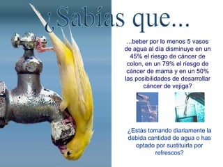 ...beber por lo menos 5 vasos de agua al día disminuye en un 45% el riesgo de cáncer de colon, en un 79% el riesgo de cáncer de mama y en un 50% las posibilidades de desarrollar cáncer de vejiga? ¿Estás tomando diariamente la debida cantidad de agua o has optado por sustituirla por refrescos? ¿Sabías que... 