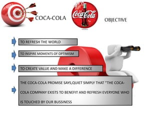 TO REFRESH THE WORLD
TO INSPIRE MOMENTS OF OPTIMISM
TO CREATE VALUE AND MAKE A DIFFERENCE
THE COCA-COLA PROMISE SAYS,QUIET SIMPLY THAT “THE COCA-
COLA COMPANY EXISTS TO BENEFIT AND REFRESH EVERYONE WHO
IS TOUCHED BY OUR BUSSINESS
COCA-COLA OBJECTIVE
 