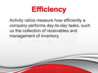 Activity ratios measure how efficiently a
company performs day-to-day tasks, such
us the collection of receivables and
management of inventory.

 