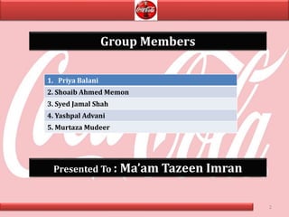 1. Priya Balani
2. Shoaib Ahmed Memon
3. Syed Jamal Shah
4. Yashpal Advani
5. Murtaza Mudeer
2
Group Members
Presented To : Ma’am Tazeen Imran
 