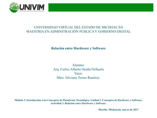 UNIVERSIDAD VIRTUAL DEL ESTADO DE MICHOACÁN
MAESTRÍA EN ADMINITRACIÓN PÚBLICA Y GOBIERNO DIGITAL
Relación entre Hardware y Software
Alumno:
Arq. Carlos Alberto Ocaña Orihuela
Tutor:
Mtro. Silviano Torres Ramírez.
Módulo 3. Introducción a los Conceptos de Plataforma Tecnológica. Unidad 1. Conceptos de Hardware y Software.
Actividad 3. Relación entre Hardware y Software.
Morelia, Michoacán, marzo de 2017
 