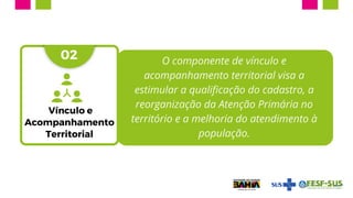 O componente de vínculo e
acompanhamento territorial visa a
estimular a qualificação do cadastro, a
reorganização da Atenção Primária no
território e a melhoria do atendimento à
população.
02
Vínculo e
Acompanhamento
Territorial
 