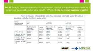 Art. 11. Para fins de repasse financeiro do componente de vínculo e acompanhamento territorial, será
considerada a população cadastrada pelas eSF e eAP até o limite máximo de pessoas por equipe.
 