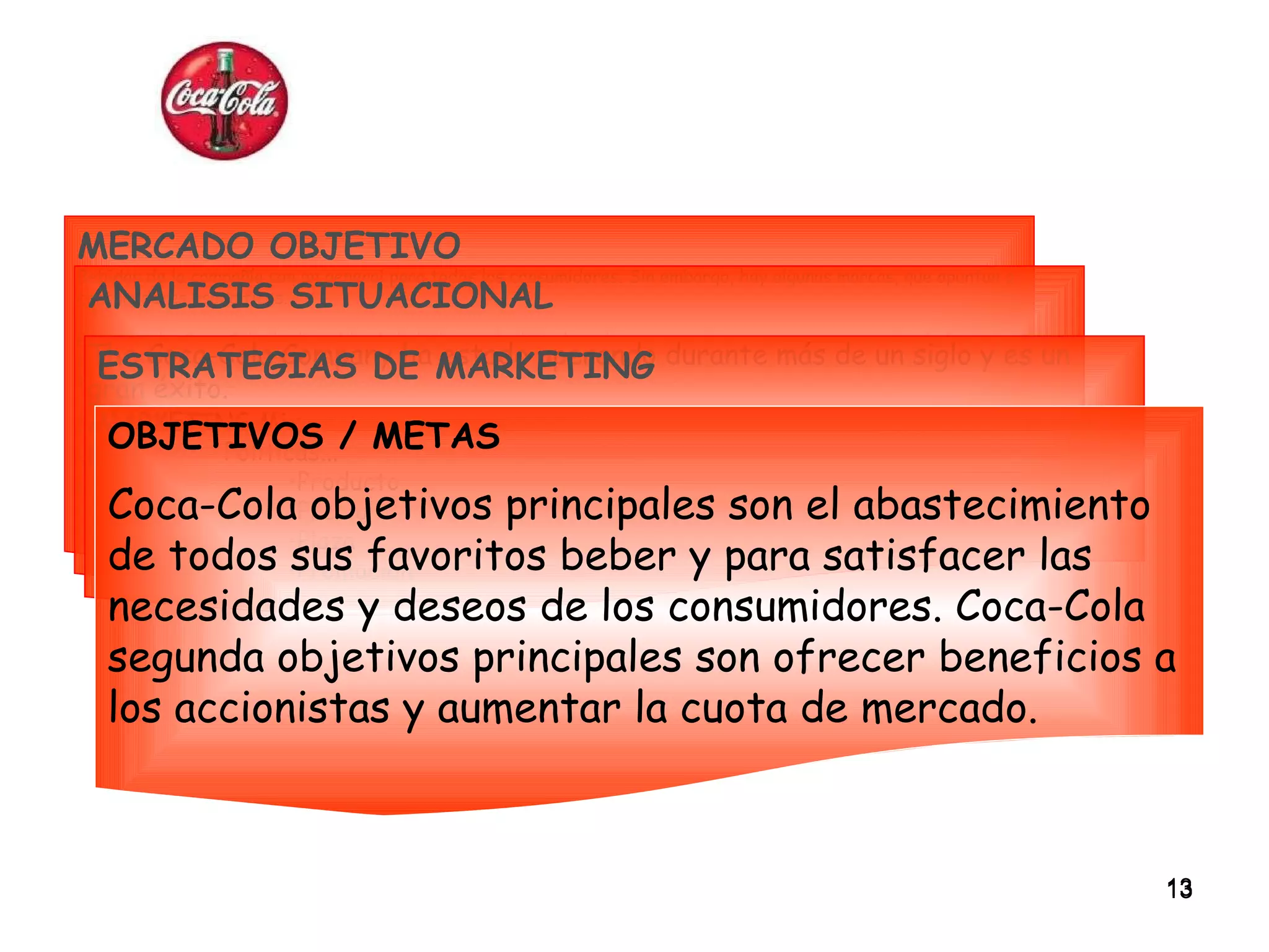MERCADO OBJETIVO Bebidas de la compañía son en general para todos los consumidores. Sin embargo, hay algunas marcas, que apuntan a consumidores específicos. Por ejemplo, Coca-Cola de dieta blanda bebidas están dirigidos a los consumidores que son mayores de edad, entre los años 25 y 39. Deporte deportiva PowerAde meta del agua aquellos que están en forma, saludable y hacer. Winnie the Pooh cap Sipper los niños beban jugo de destino entre las edades 5-12. Este tipo de enfoque de mercado se refiere a la segmentación del mercado. The Coca-Cola Company, cuando la publicidad tiene un mercado objetivo primordial de los que están 13-24 (edad), y un mercado secundario de 10-39 (edad). ANALISIS SITUACIONAL The Coca-Cola Company ha estado operando durante más de un siglo y es un gran éxito.  Actualmente se encuentra en el nivel de renovación de la etapa posterior a la madurez en el ciclo de vida empresarial. ESTRATEGIAS DE MARKETING MARKETING Mix Políticas... Producto Precio Plaza Promoción OBJETIVOS / METAS Coca-Cola objetivos principales son el abastecimiento de todos sus favoritos beber y para satisfacer las necesidades y deseos de los consumidores. Coca-Cola segunda objetivos principales son ofrecer beneficios a los accionistas y aumentar la cuota de mercado. 