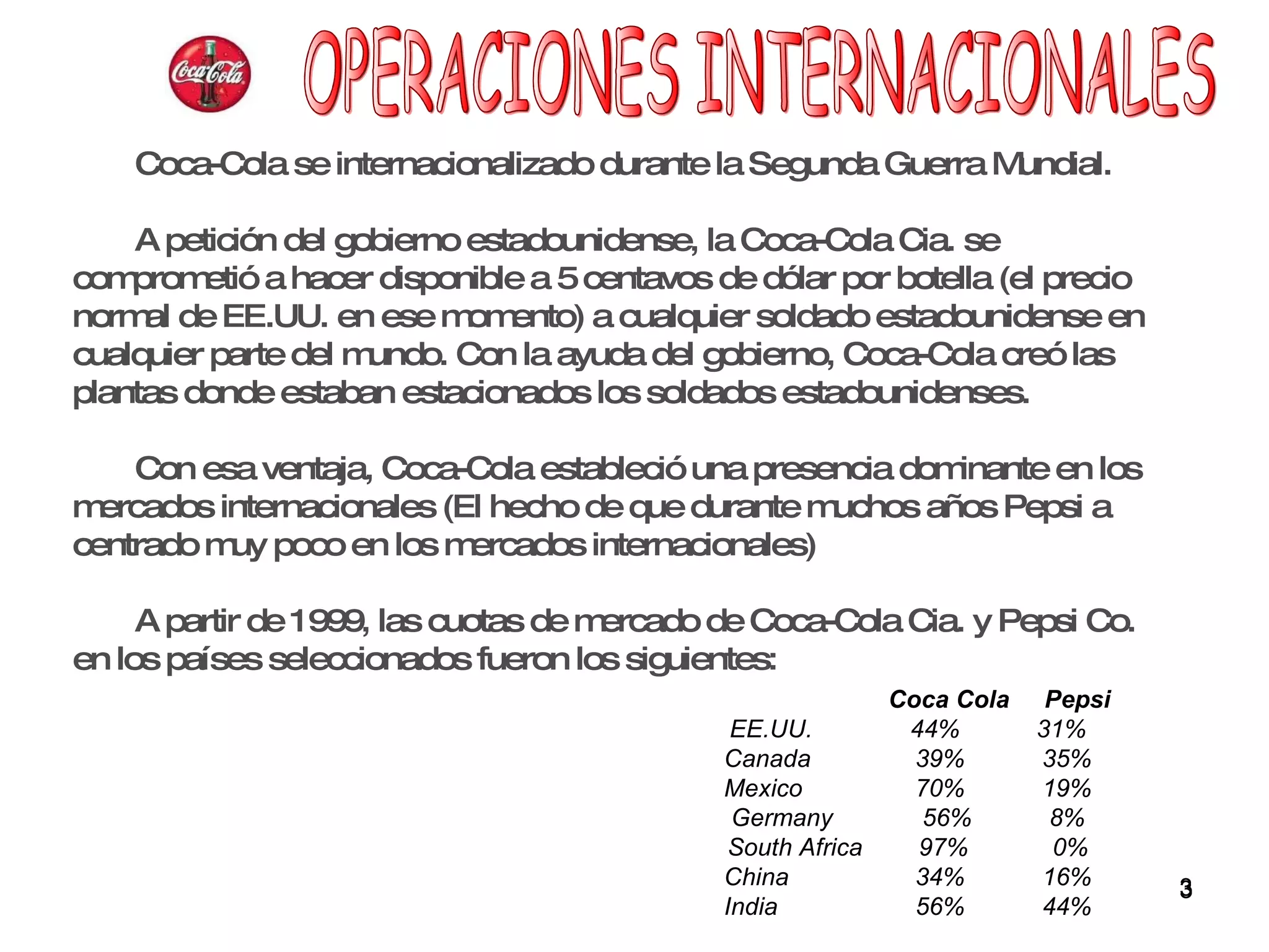 OPERACIONES INTERNACIONALES Coca-Cola se internacionalizado durante la Segunda Guerra Mundial.  A petición del gobierno estadounidense, la Coca-Cola Cia. se comprometió a hacer disponible a 5 centavos de dólar por botella (el precio normal de EE.UU. en ese momento) a cualquier soldado estadounidense en cualquier parte del mundo. Con la ayuda del gobierno, Coca-Cola creó las plantas donde estaban estacionados los soldados estadounidenses.  Con esa ventaja, Coca-Cola estableció una presencia dominante en los mercados internacionales (El hecho de que durante muchos años Pepsi a centrado muy poco en los mercados internacionales) A partir de 1999, las cuotas de mercado de Coca-Cola Cia. y Pepsi Co. en los países seleccionados fueron los siguientes:   Coca Cola  Pepsi EE.UU.  44%  31% Canada  39%  35% Mexico  70%  19% Germany  56%  8% South Africa  97%   0% China  34%  16% India  56%  44% 