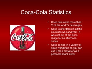 Coca-Cola Statistics
          •   Coca cola owns more than
              ½ of the world’s beverages.
          •   Coke is affordable in all the
              countries we surveyed. It
              was not out of the price
              range for an afternoon
              snack.
          •   Coke comes in a variety of
              sizes worldwide so you can
              use it for a crowd or as a
              personal snack drink
 