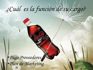 ¿Cuál es la función de su cargo?




•Pago Proveedores
•Plan de Marketing
 