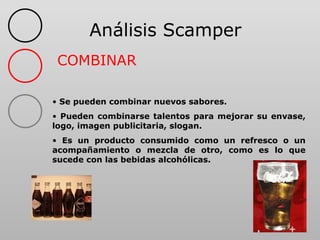 Análisis Scamper COMBINAR <ul><li>Se pueden combinar nuevos sabores. </li></ul><ul><li>Pueden combinarse talentos para mej...