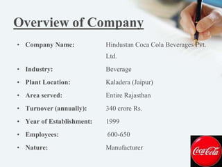Overview of Company
• Company Name:

Hindustan Coca Cola Beverages Pvt.
Ltd.

• Industry:

Beverage

• Plant Location:

Ka...