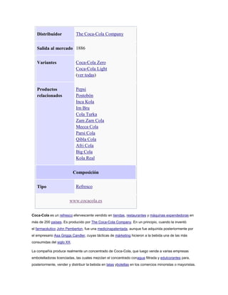 The Coca-Cola Company

Distribuidor

Salida al mercado 1886
Variantes

Coca-Cola Zero
Coca-Cola Light
(ver todas)

Productos
relacionados

Pepsi
Postobón
Inca Kola
Irn Bru
Cola Turka
Zam Zam Cola
Mecca Cola
Parsi Cola
Qibla Cola
Afri Cola
Big Cola
Kola Real
Composición
Refresco

Tipo

www.cocacola.es
Coca-Cola es un refresco efervescente vendido en tiendas, restaurantes y máquinas expendedoras en
más de 200 países. Es producido por The Coca-Cola Company. En un principio, cuando la inventó
el farmacéutico John Pemberton, fue una medicinapatentada, aunque fue adquirida posteriormente por
el empresario Asa Griggs Candler, cuyas tácticas de márketing hicieron a la bebida una de las más
consumidas del siglo XX.
La compañía produce realmente un concentrado de Coca-Cola, que luego vende a varias empresas
embotelladoras licenciadas, las cuales mezclan el concentrado conagua filtrada y edulcorantes para,
posteriormente, vender y distribuir la bebida en latas ybotellas en los comercios minoristas o mayoristas.

 