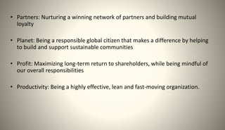 • Partners: Nurturing a winning network of partners and building mutual
loyalty
• Planet: Being a responsible global citizen that makes a difference by helping
to build and support sustainable communities
• Profit: Maximizing long-term return to shareholders, while being mindful of
our overall responsibilities
• Productivity: Being a highly effective, lean and fast-moving organization.
 
