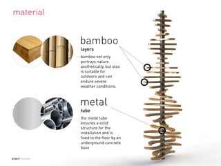 material
bamboo
layers
metal
tube
project mutation
bamboo not only
portrays nature
aesthetically, but also
is suitable for
outdoors and can
endure severe
weather conditions.
the metal tube
ensures a solid
structure for the
installation and is
ﬁxed to the ﬂoor by an
underground concrete
base
 