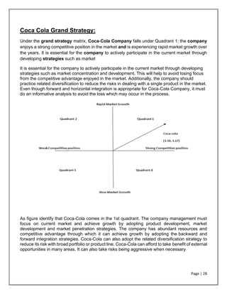 Page | 28
Coca Cola Grand Strategy:
Under the grand strategy matrix, Coca-Cola Company falls under Quadrant 1; the company
enjoys a strong competitive position in the market and is experiencing rapid market growth over
the years. It is essential for the company to actively participate in the current market through
developing strategies such as market
It is essential for the company to actively participate in the current market through developing
strategies such as market concentration and development. This will help to avoid losing focus
from the competitive advantage enjoyed in the market. Additionally, the company should
practice related diversification to reduce the risks in dealing with a single product in the market.
Even though forward and horizontal integration is appropriate for Coca-Cola Company, it must
do an informative analysis to avoid the loss which may occur in the process.
As figure identify that Coca-Cola comes in the 1st quadrant. The company management must
focus on current market and achieve growth by adopting product development, market
development and market penetration strategies. The company has abundant resources and
competitive advantage through which it can achieve growth by adopting the backward and
forward integration strategies. Coca-Cola can also adopt the related diversification strategy to
reduce its risk with broad portfolio or product line. Coca-Cola can afford to take benefit of external
opportunities in many areas. It can also take risks being aggressive when necessary
 