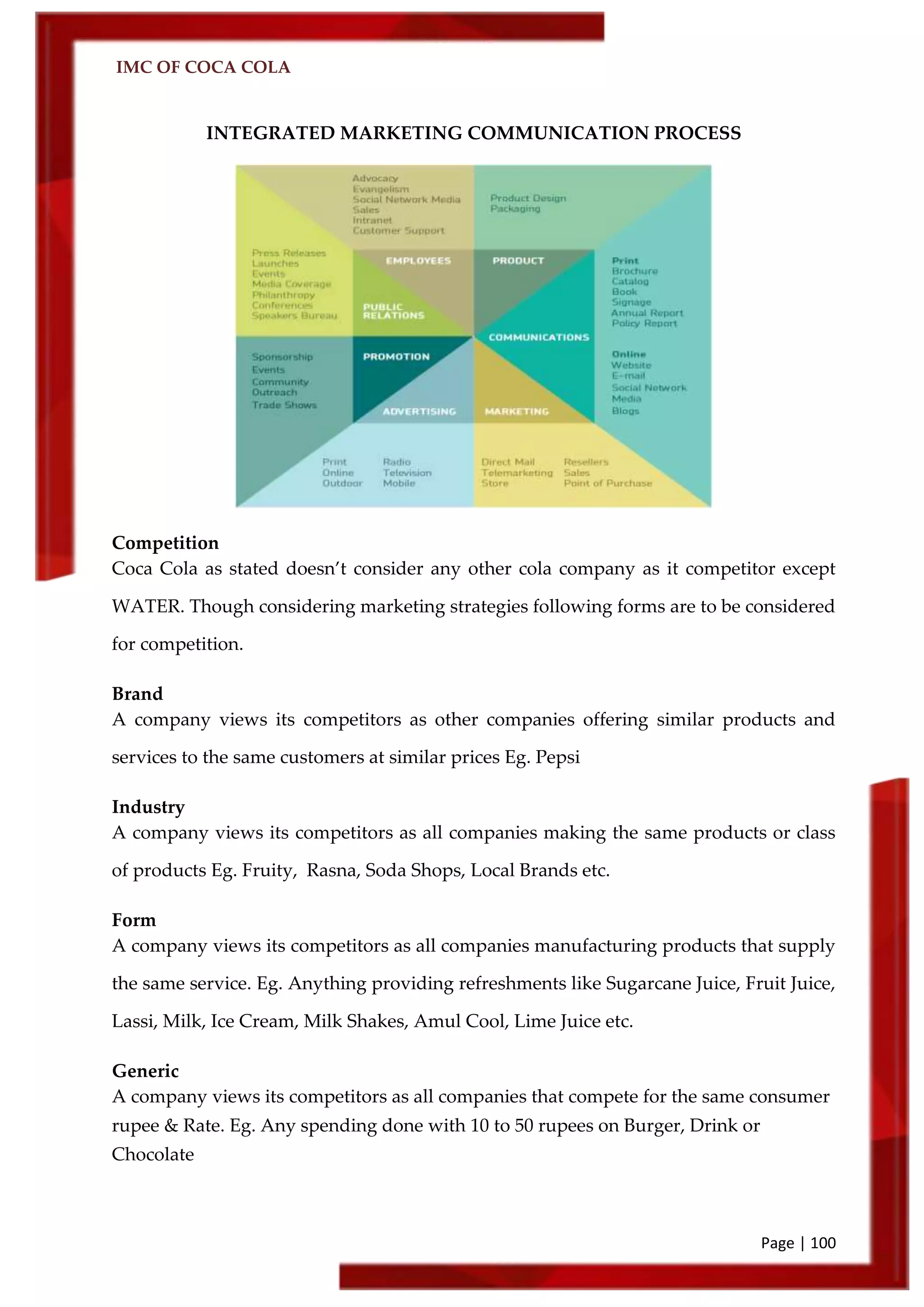 IMC OF COCA COLA
Page | 100
INTEGRATED MARKETING COMMUNICATION PROCESS
Competition
Coca Cola as stated doesn’t consider any other cola company as it competitor except
WATER. Though considering marketing strategies following forms are to be considered
for competition.
Brand
A company views its competitors as other companies offering similar products and
services to the same customers at similar prices Eg. Pepsi
Industry
A company views its competitors as all companies making the same products or class
of products Eg. Fruity, Rasna, Soda Shops, Local Brands etc.
Form
A company views its competitors as all companies manufacturing products that supply
the same service. Eg. Anything providing refreshments like Sugarcane Juice, Fruit Juice,
Lassi, Milk, Ice Cream, Milk Shakes, Amul Cool, Lime Juice etc.
Generic
A company views its competitors as all companies that compete for the same consumer
rupee & Rate. Eg. Any spending done with 10 to 50 rupees on Burger, Drink or
Chocolate
 
