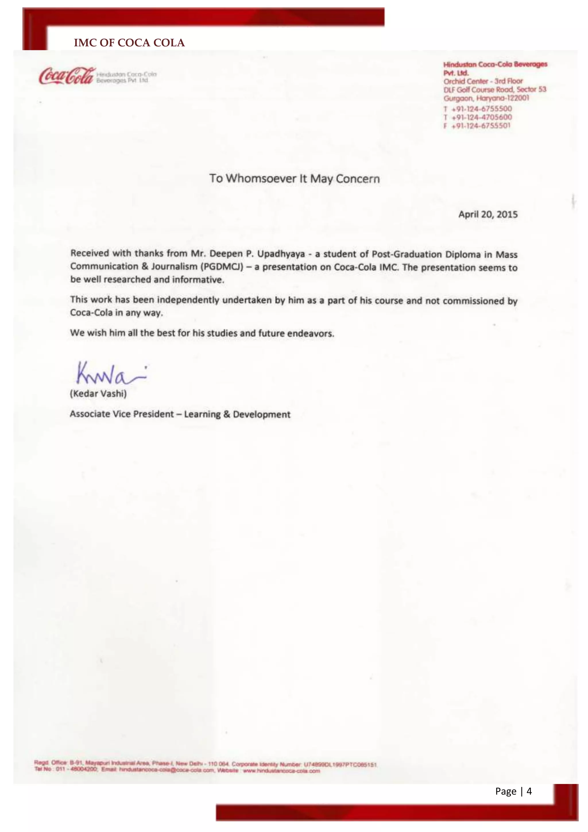 IMC OF COCA COLA
Page | 4
 