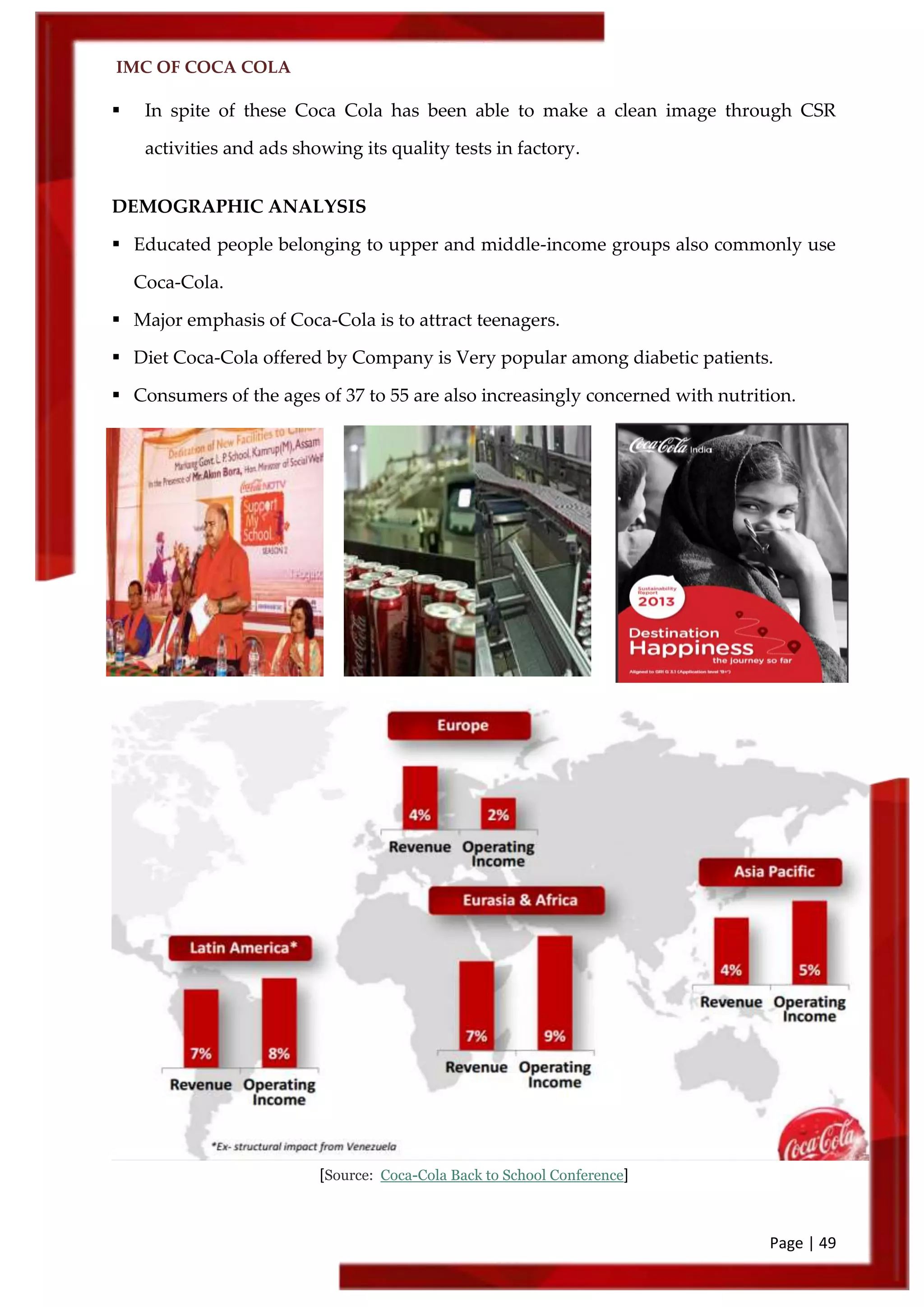 IMC OF COCA COLA
Page | 49
 In spite of these Coca Cola has been able to make a clean image through CSR
activities and ads showing its quality tests in factory.
DEMOGRAPHIC ANALYSIS
 Educated people belonging to upper and middle-income groups also commonly use
Coca-Cola.
 Major emphasis of Coca-Cola is to attract teenagers.
 Diet Coca-Cola offered by Company is Very popular among diabetic patients.
 Consumers of the ages of 37 to 55 are also increasingly concerned with nutrition.
[Source: Coca-Cola Back to School Conference]
 