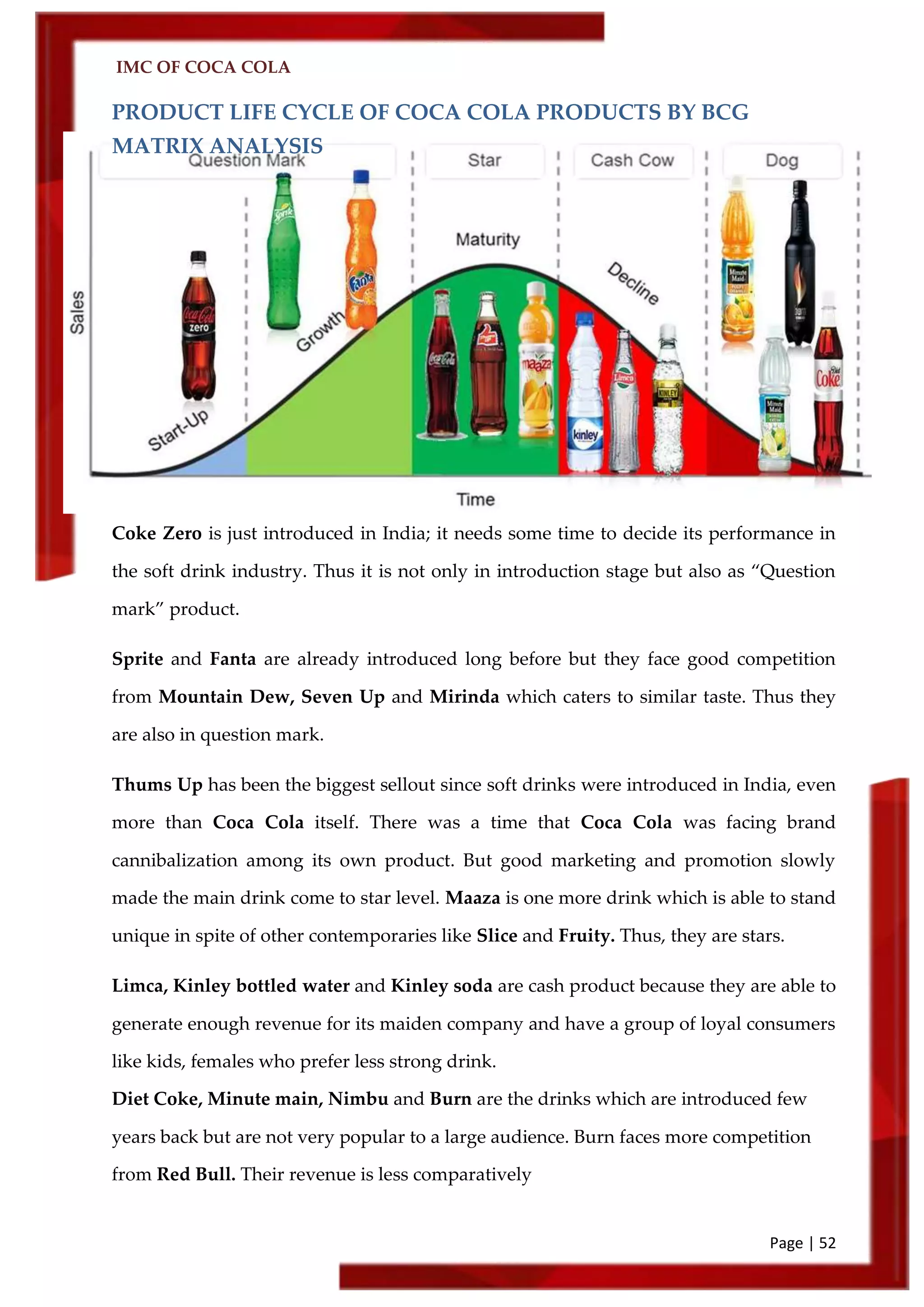 IMC OF COCA COLA
Page | 52
PRODUCT LIFE CYCLE OF COCA COLA PRODUCTS BY BCG
MATRIX ANALYSIS
Coke Zero is just introduced in India; it needs some time to decide its performance in
the soft drink industry. Thus it is not only in introduction stage but also as ‚Question
mark‛ product.
Sprite and Fanta are already introduced long before but they face good competition
from Mountain Dew, Seven Up and Mirinda which caters to similar taste. Thus they
are also in question mark.
Thums Up has been the biggest sellout since soft drinks were introduced in India, even
more than Coca Cola itself. There was a time that Coca Cola was facing brand
cannibalization among its own product. But good marketing and promotion slowly
made the main drink come to star level. Maaza is one more drink which is able to stand
unique in spite of other contemporaries like Slice and Fruity. Thus, they are stars.
Limca, Kinley bottled water and Kinley soda are cash product because they are able to
generate enough revenue for its maiden company and have a group of loyal consumers
like kids, females who prefer less strong drink.
Diet Coke, Minute main, Nimbu and Burn are the drinks which are introduced few
years back but are not very popular to a large audience. Burn faces more competition
from Red Bull. Their revenue is less comparatively
 