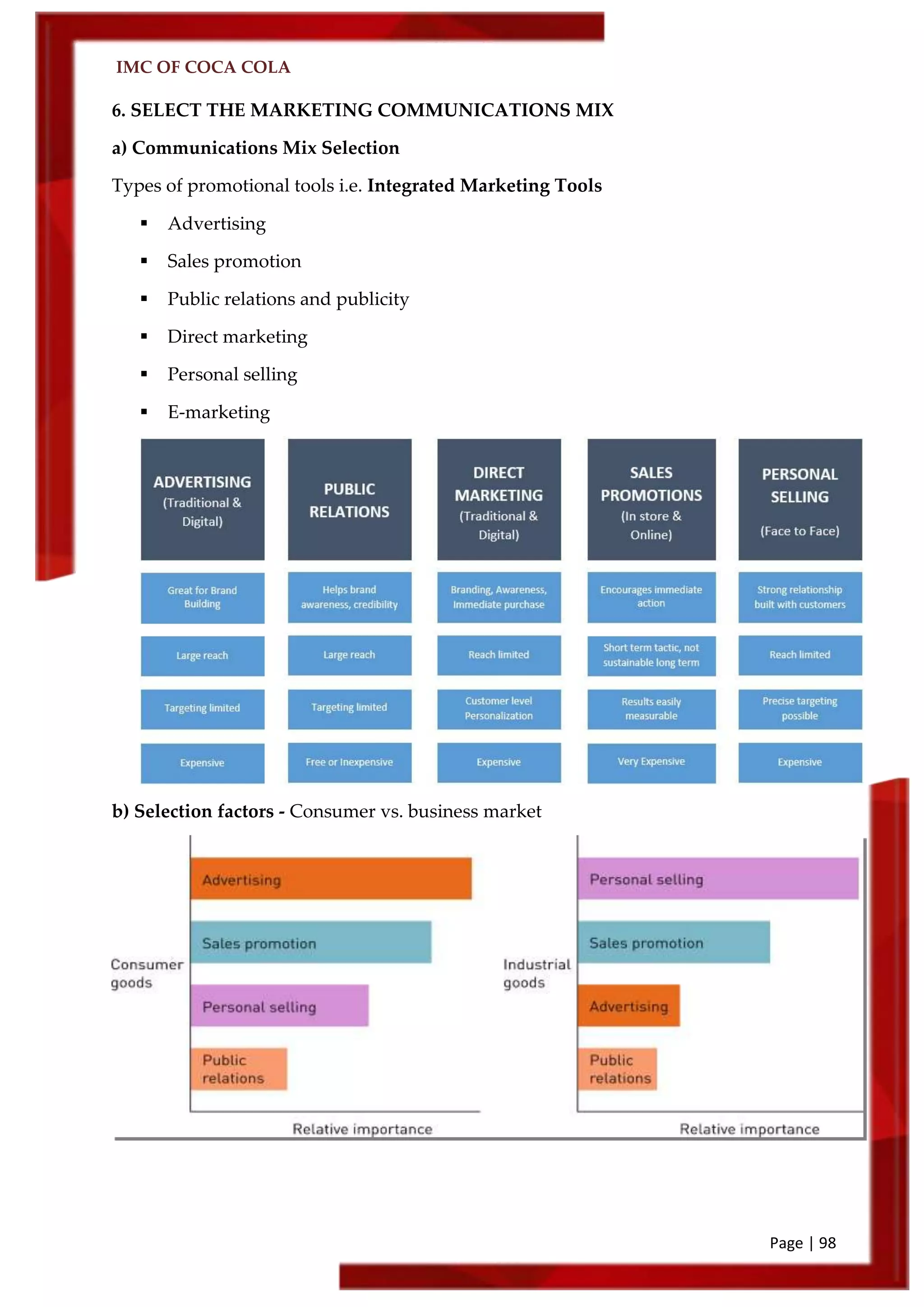 IMC OF COCA COLA
Page | 98
6. SELECT THE MARKETING COMMUNICATIONS MIX
a) Communications Mix Selection
Types of promotional tools i.e. Integrated Marketing Tools
 Advertising
 Sales promotion
 Public relations and publicity
 Direct marketing
 Personal selling
 E-marketing
b) Selection factors - Consumer vs. business market
 