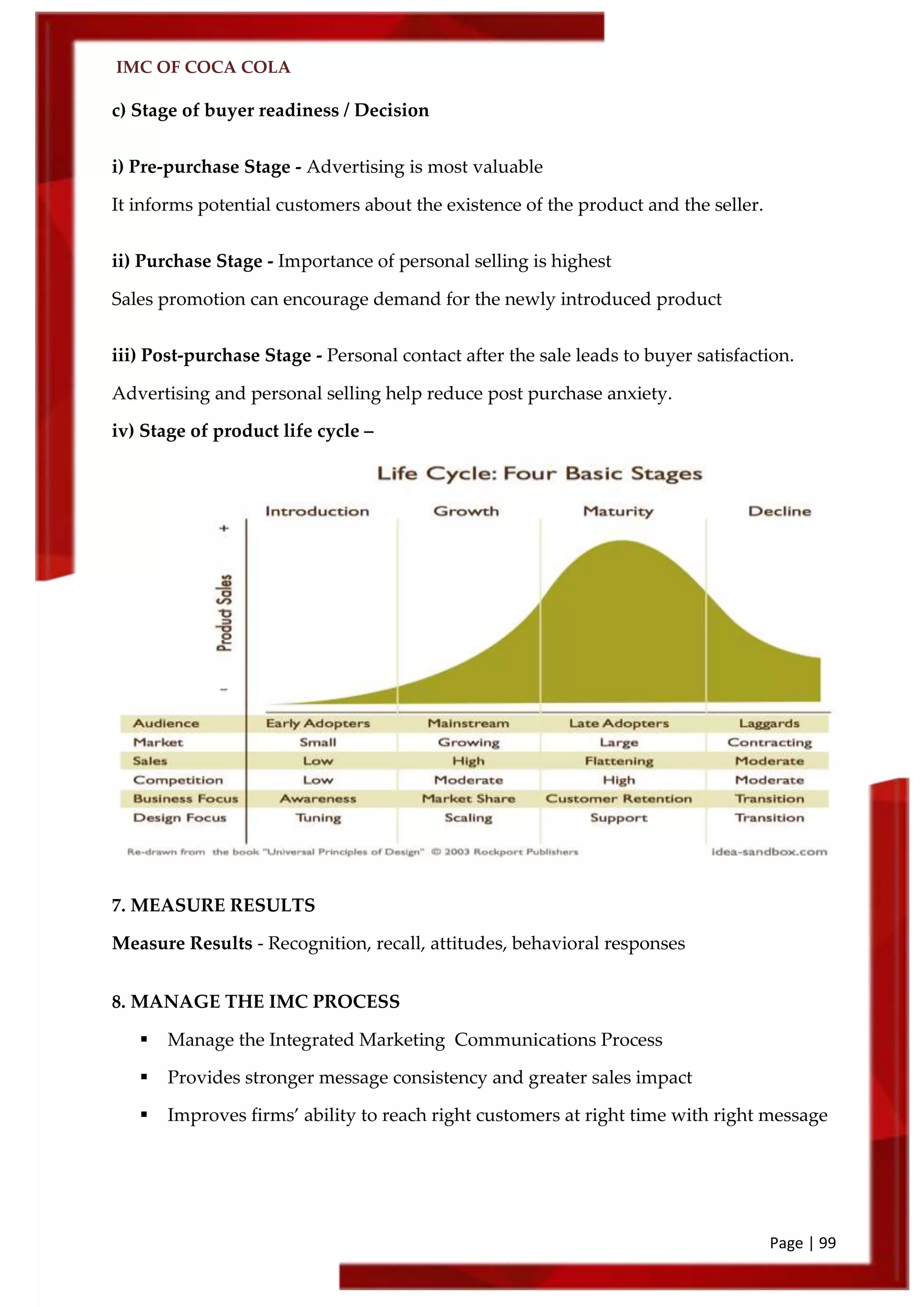 IMC OF COCA COLA
Page | 99
c) Stage of buyer readiness / Decision
i) Pre-purchase Stage - Advertising is most valuable
It informs potential customers about the existence of the product and the seller.
ii) Purchase Stage - Importance of personal selling is highest
Sales promotion can encourage demand for the newly introduced product
iii) Post-purchase Stage - Personal contact after the sale leads to buyer satisfaction.
Advertising and personal selling help reduce post purchase anxiety.
iv) Stage of product life cycle –
7. MEASURE RESULTS
Measure Results - Recognition, recall, attitudes, behavioral responses
8. MANAGE THE IMC PROCESS
 Manage the Integrated Marketing Communications Process
 Provides stronger message consistency and greater sales impact
 Improves firms’ ability to reach right customers at right time with right message
 