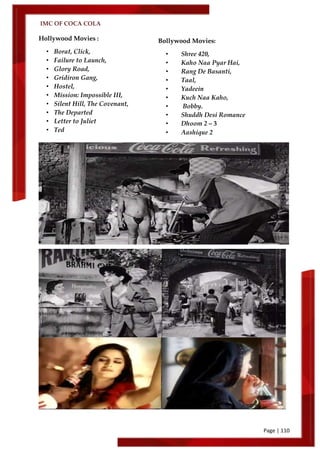 IMC OF COCA COLA
Page | 110
Bollywood Movies:
• Shree 420,
• Kaho Naa Pyar Hai,
• Rang De Basanti,
• Taal,
• Yadeein
• Kuch Naa Kaho,
• Bobby.
• Shuddh Desi Romance
• Dhoom 2 – 3
• Aashique 2
Hollywood Movies :
• Borat, Click,
• Failure to Launch,
• Glory Road,
• Gridiron Gang,
• Hostel,
• Mission: Impossible III,
• Silent Hill, The Covenant,
• The Departed
• Letter to Juliet
• Ted
 