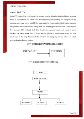 IMC OF COCA COLA
Page | 61
AVAILABILITY
Once CCI entered the rural market, it focused on strengthening its distribution network
there. It realized that the centralized distribution system used by the company in the
urban areas would not be suitable for rural areas. In the centralized distribution system,
the product was transported directly from the bottling plants to retailers (Refer Figure
I). However, CCI realized that this distribution system would not work in rural
markets, as taking stock directly from bottling plants to retail stores would be very
costly due to the long distances to be covered. The company instead opted for a hub
and spoke distribution system
 