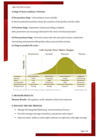 IMC OF COCA COLA
Page | 99
c) Stage of buyer readiness / Decision
i) Pre-purchase Stage - Advertising is most valuable
It informs potential customers about the existence of the product and the seller.
ii) Purchase Stage - Importance of personal selling is highest
Sales promotion can encourage demand for the newly introduced product
iii) Post-purchase Stage - Personal contact after the sale leads to buyer satisfaction.
Advertising and personal selling help reduce post purchase anxiety.
iv) Stage of product life cycle –
7. MEASURE RESULTS
Measure Results - Recognition, recall, attitudes, behavioral responses
8. MANAGE THE IMC PROCESS
 Manage the Integrated Marketing Communications Process
 Provides stronger message consistency and greater sales impact
 Improves firms’ ability to reach right customers at right time with right message
 