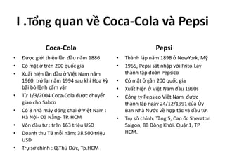 I .Tổng quan về Coca-Cola và Pepsi
Coca-Cola
• Được giới thiệu lần đầu năm 1886
• Có mặt ở trên 200 quốc gia
• Xuất hiện lần đầu ở Việt Nam năm
1960, trở lại năm 1994 sau khi Hoa Kỳ
bãi bỏ lệnh cấm vận
• Từ 1/3/2004 Coca-Cola được chuyển
giao cho Sabco
• Có 3 nhà máy đóng chai ở Việt Nam :
Hà Nội- Đà Nẵng- TP. HCM
• Vốn đầu tư : trên 163 triệu USD
• Doanh thu TB mỗi năm: 38.500 triệu
USD
• Trụ sở chính : Q.Thủ Đức, Tp.HCM
Pepsi
• Thành lập năm 1898 ở NewYork, Mỹ
• 1965, Pepsi sát nhập với Frito-Lay
thành tập đoàn Pepsico
• Có mặt ở gần 200 quốc gia
• Xuất hiện ở Việt Nam đầu 1990s
• Công ty Pepsico Việt Nam được
thành lập ngày 24/12/1991 của Ủy
Ban Nhà Nước về hợp tác và đầu tư.
• Trụ sở chính: Tầng 5, Cao ốc Sheraton
Saigon, 88 Đồng Khởi, Quận1, TP
HCM.
 