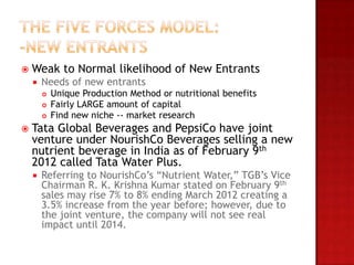    Weak to Normal likelihood of New Entrants
       Needs of new entrants
           Unique Production Method or nutritional benefits
           Fairly LARGE amount of capital
           Find new niche -- market research
   Tata Global Beverages and PepsiCo have joint
    venture under NourishCo Beverages selling a new
    nutrient beverage in India as of February 9th
    2012 called Tata Water Plus.
       Referring to NourishCo’s “Nutrient Water,” TGB’s Vice
        Chairman R. K. Krishna Kumar stated on February 9th
        sales may rise 7% to 8% ending March 2012 creating a
        3.5% increase from the year before; however, due to
        the joint venture, the company will not see real
        impact until 2014.
 